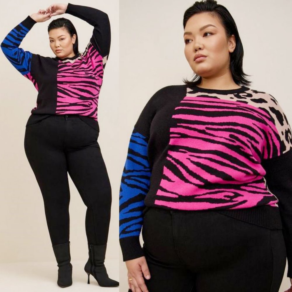 NWT Torrid 5 Multi Mixed Animal Pullover Crew Neck Sweater 5X 28
